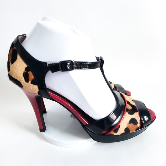 Moda Spana Leopard Strappy 4" Heels Open Toe Women's Size 7.5 T-Strap Mary Janes - Picture 2 of 10